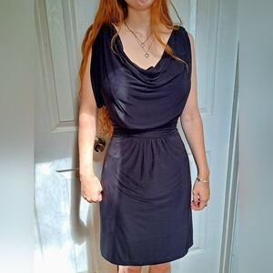 BCBG Paris Black Stretch Knit Draped Flattering Short Sleeve Midi Dress